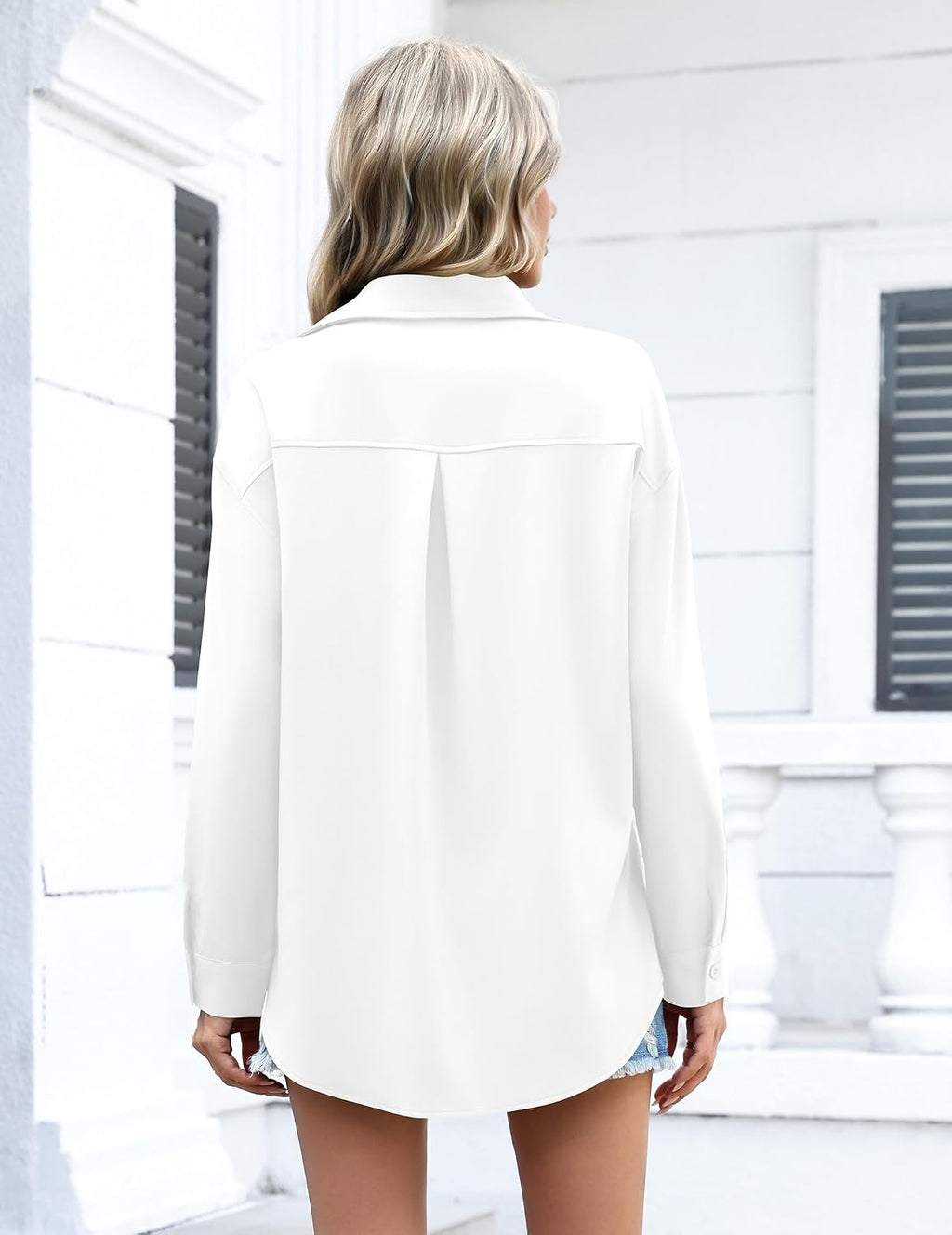Women's Long-Sleeve Button-Down Shirt – White Boyfriend-Style Collared Top – Casual Business Office Shirt
