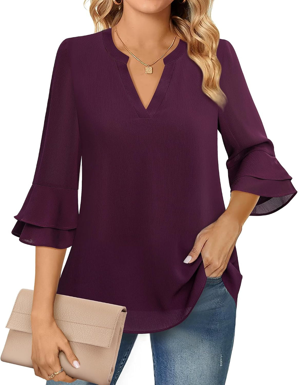 Blouse - 3/4 Sleeve Womens Tops - Blouses for Women Business Casual Professional Formal Tops Junior Job Interview Clothing Spring Peasant Funeral Attire