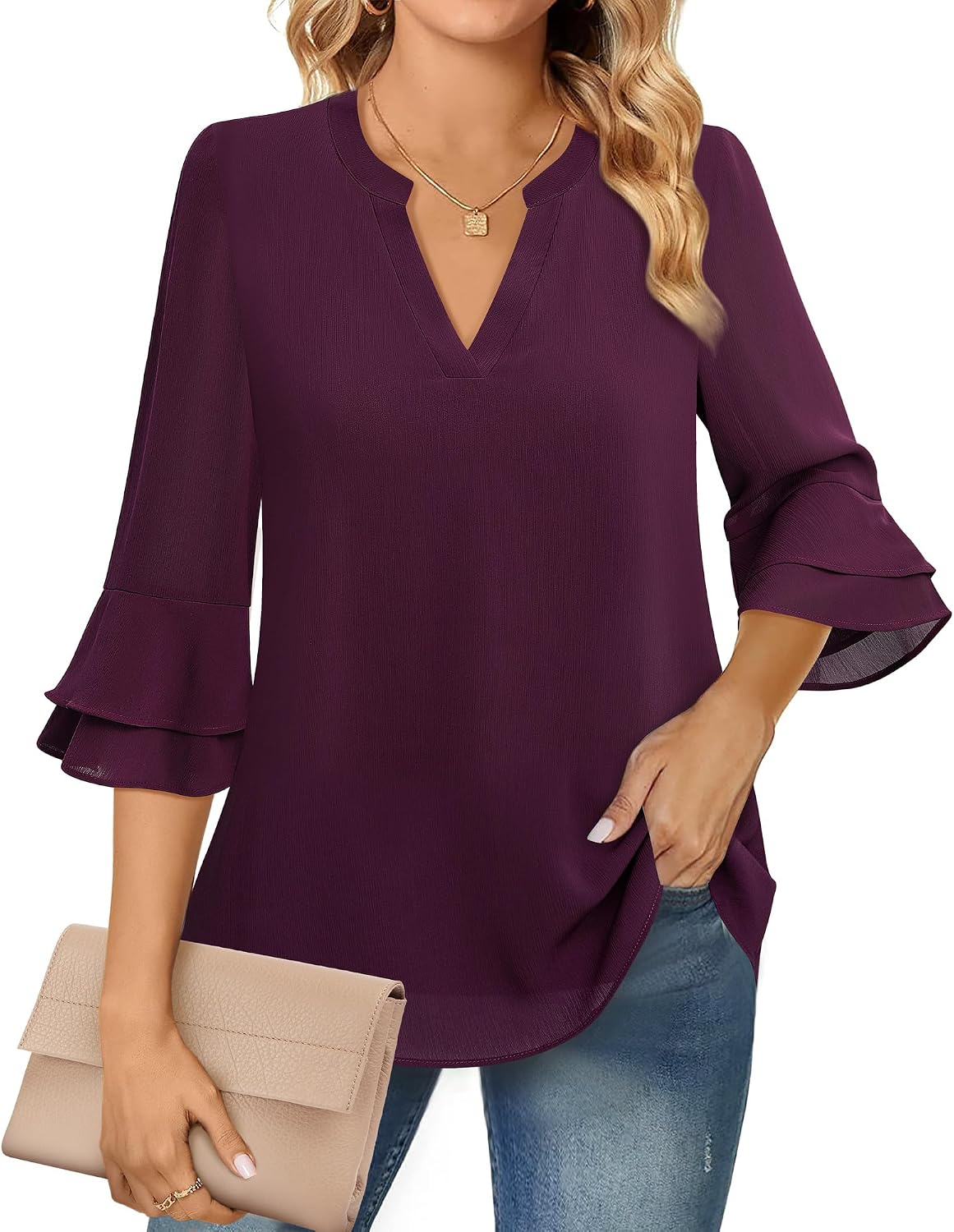 Blouse - 3/4 Sleeve Womens Tops - Blouses for Women Business Casual Professional Formal Tops Junior Job Interview Clothing Spring Peasant Funeral Attire