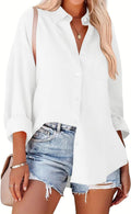 Women's Long-Sleeve Button-Down Shirt – White Boyfriend-Style Collared Top – Casual Business Office Shirt
