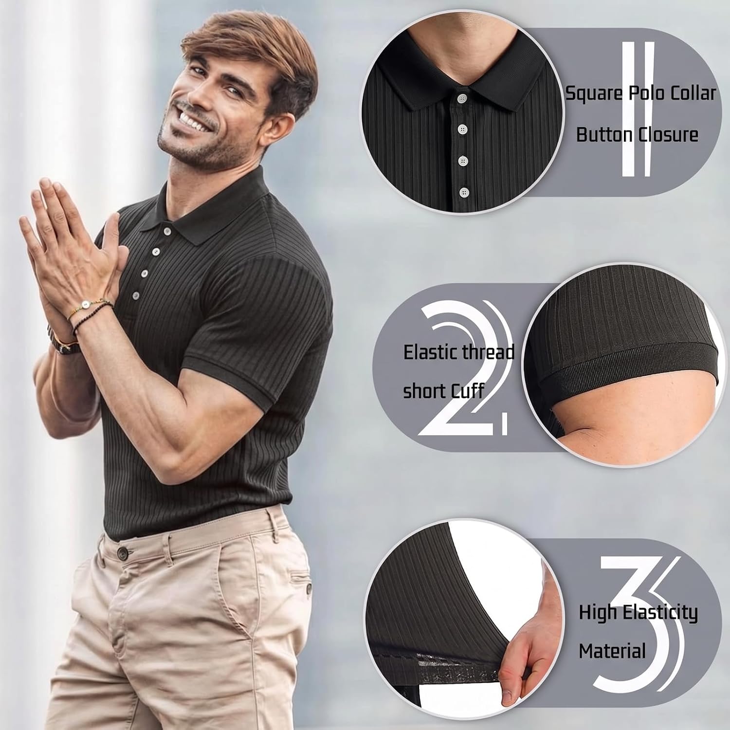 Collared Muscle Polo Shirts Men Slim Fit Textured Knit Polo Shirts Short Sleeve Button Down Shirts Casual Stylish Black