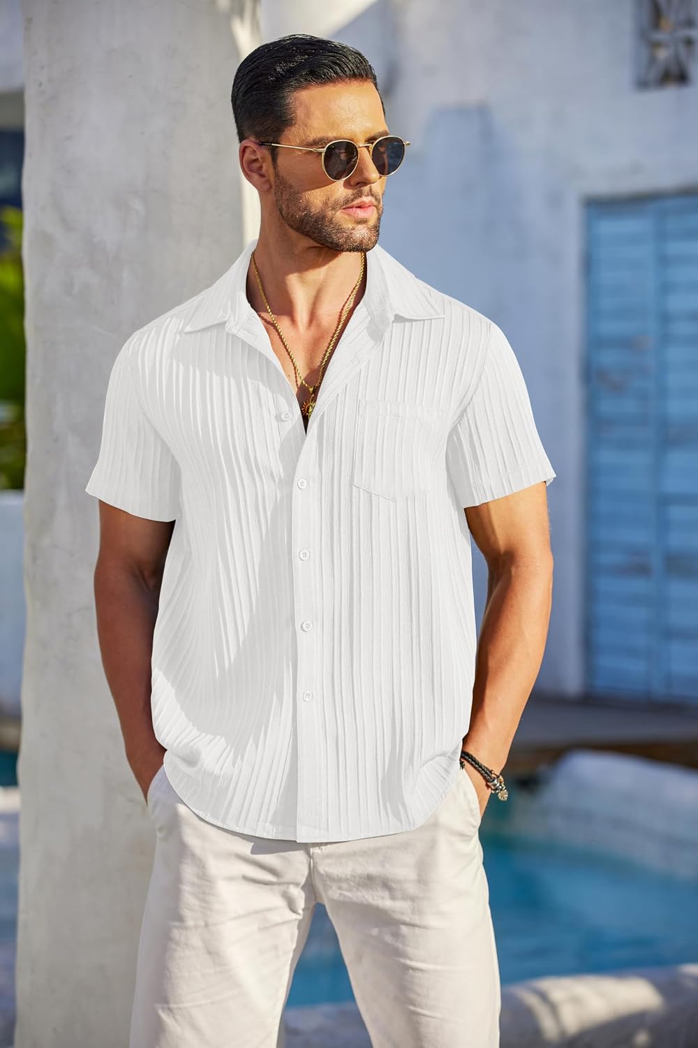 Men's Summer Short-Sleeve Linen Shirt – Stylish Casual Beach Shirt with Button-Down Collar
