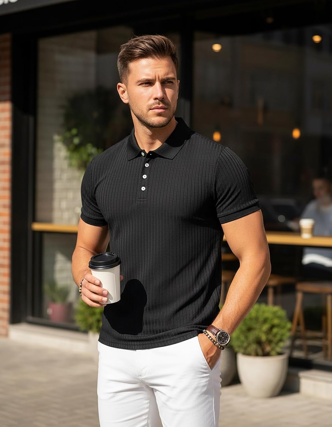Collared Muscle Polo Shirts Men Slim Fit Textured Knit Polo Shirts Short Sleeve Button Down Shirts Casual Stylish Black