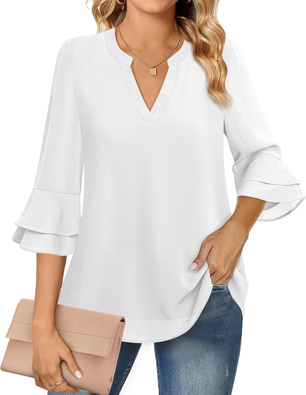 Blouse - 3/4 Sleeve Womens Tops - Blouses for Women Business Casual Professional Formal Tops Junior Job Interview Clothing Spring Peasant Funeral Attire