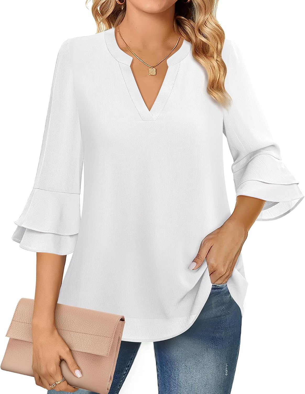 Blouse - 3/4 Sleeve Womens Tops - Blouses for Women Business Casual Professional Formal Tops Junior Job Interview Clothing Spring Peasant Funeral Attire