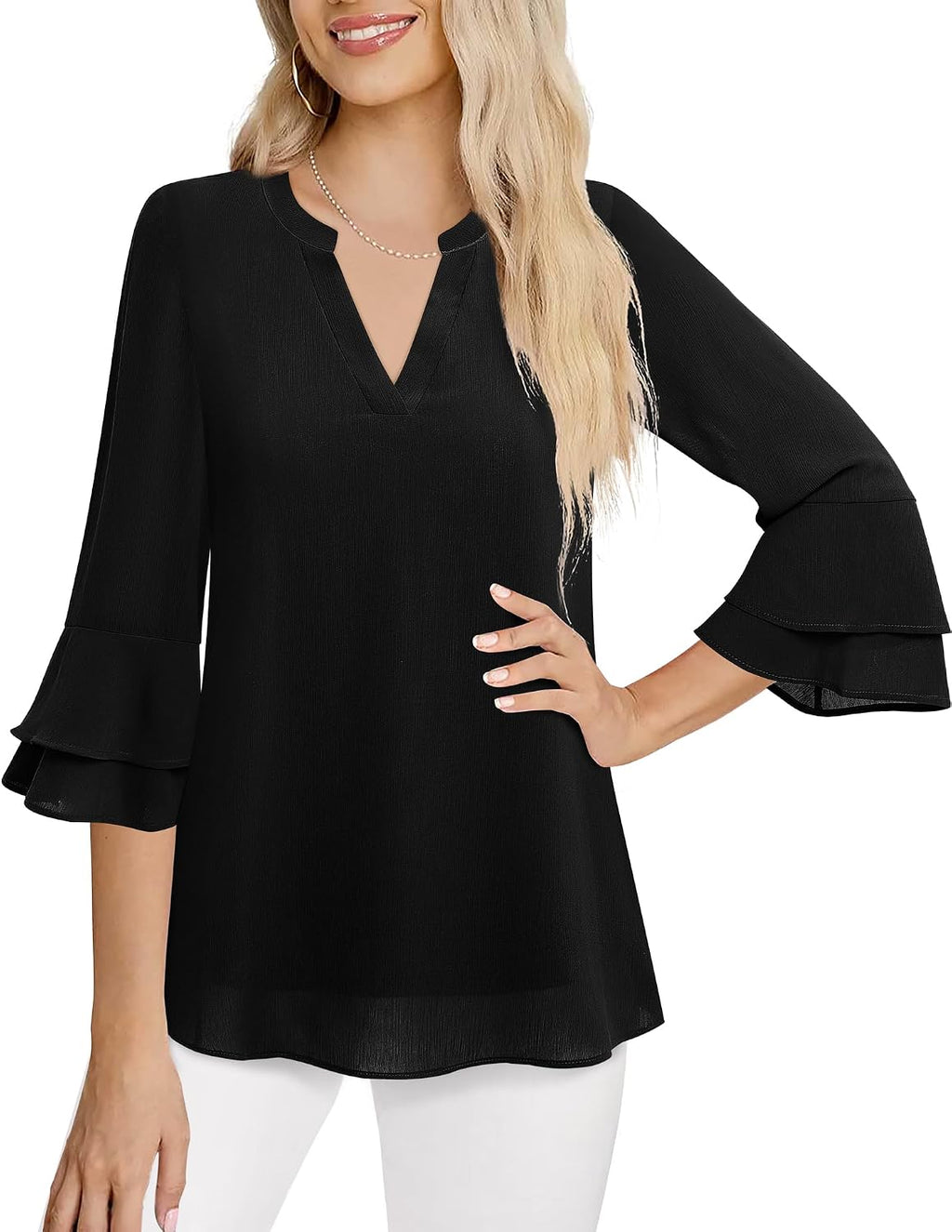 Blouse - 3/4 Sleeve Womens Tops - Blouses for Women Business Casual Professional Formal Tops Junior Job Interview Clothing Spring Peasant Funeral Attire