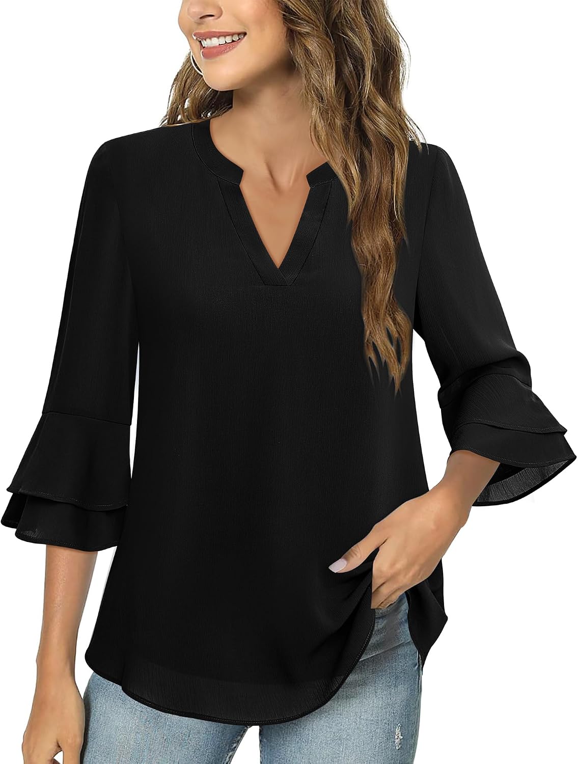 Blouse - 3/4 Sleeve Womens Tops - Blouses for Women Business Casual Professional Formal Tops Junior Job Interview Clothing Spring Peasant Funeral Attire