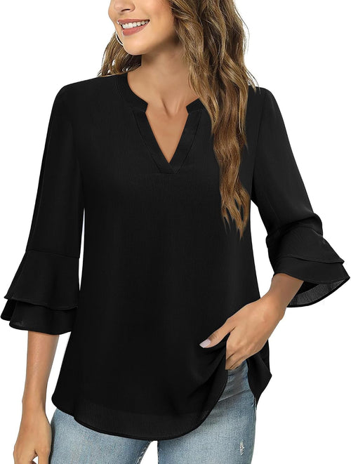 Blouse - 3/4 Sleeve Womens Tops - Blouses for Women Business Casual Professional Formal Tops Junior Job Interview Clothing Spring Peasant Funeral Attire