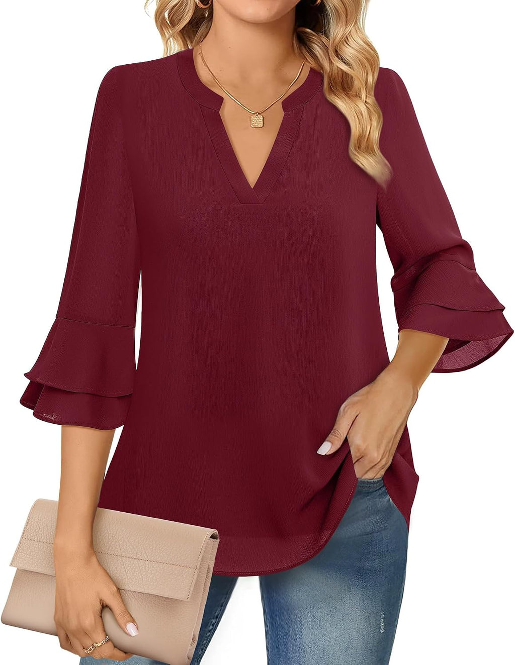 Blouse - 3/4 Sleeve Womens Tops - Blouses for Women Business Casual Professional Formal Tops Junior Job Interview Clothing Spring Peasant Funeral Attire
