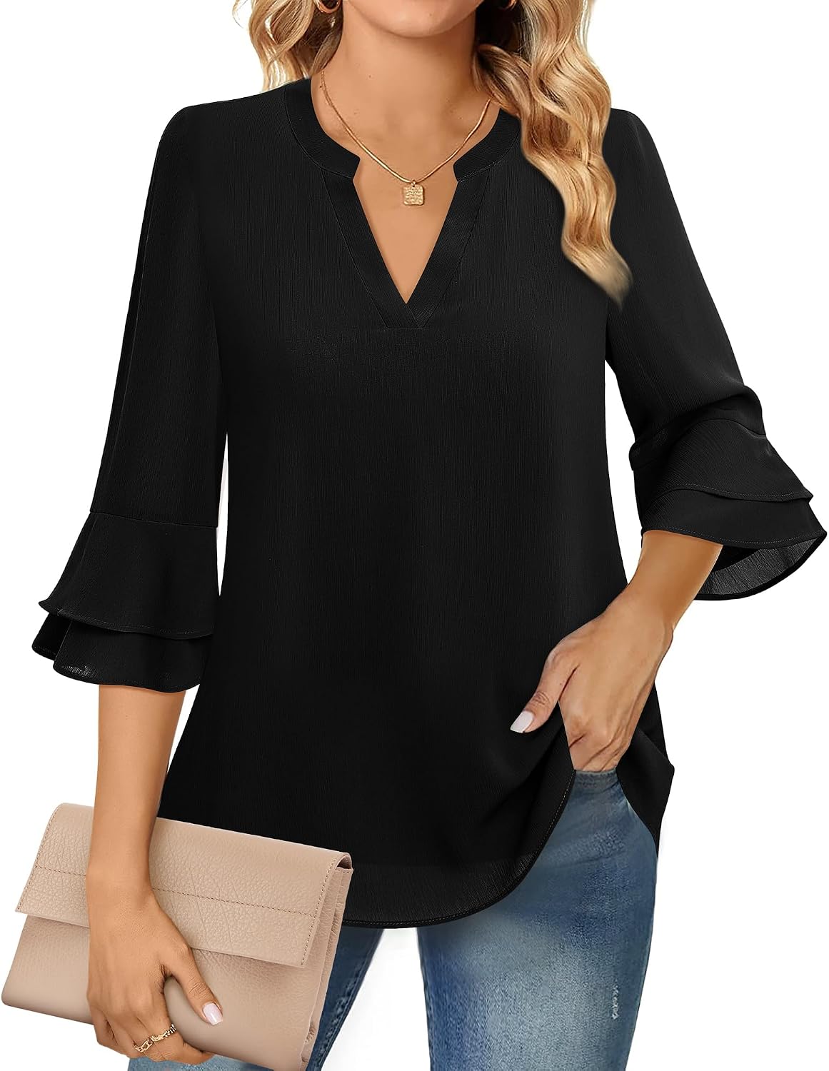 Blouse - 3/4 Sleeve Womens Tops - Blouses for Women Business Casual Professional Formal Tops Junior Job Interview Clothing Spring Peasant Funeral Attire