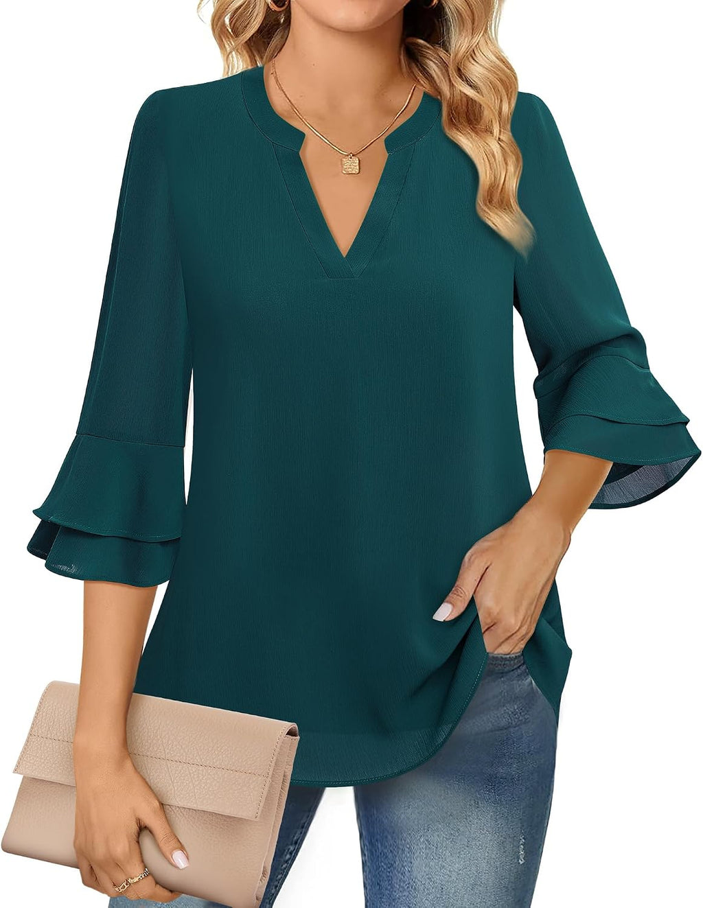 Blouse - 3/4 Sleeve Womens Tops - Blouses for Women Business Casual Professional Formal Tops Junior Job Interview Clothing Spring Peasant Funeral Attire