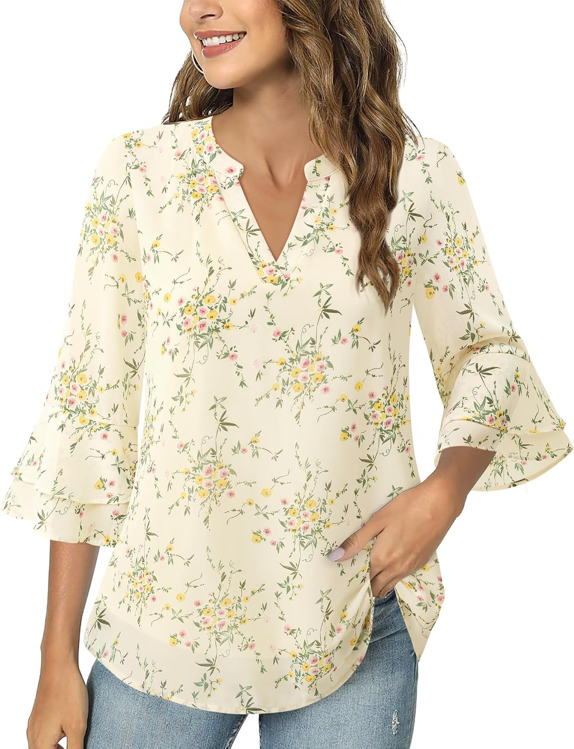 Blouse - 3/4 Sleeve Womens Tops - Blouses for Women Business Casual Professional Formal Tops Junior Job Interview Clothing Spring Peasant Funeral Attire