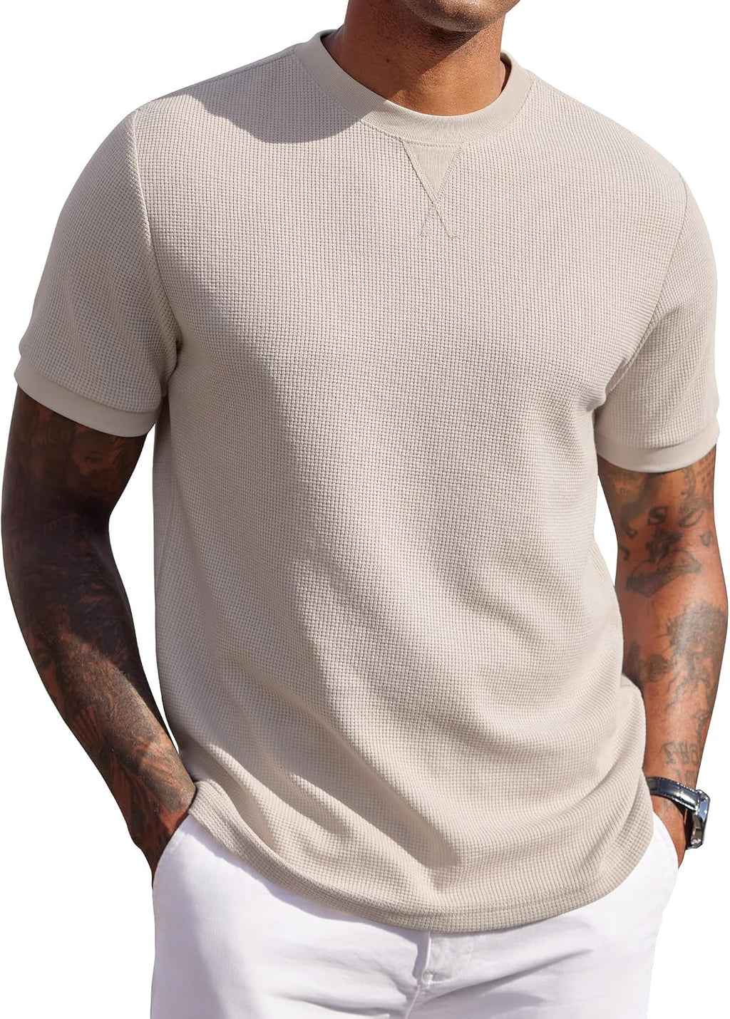 Mens Crewneck T-Shirts Short Sleeve Waffle Casual T Shirts Summer Plain Pullover Tees