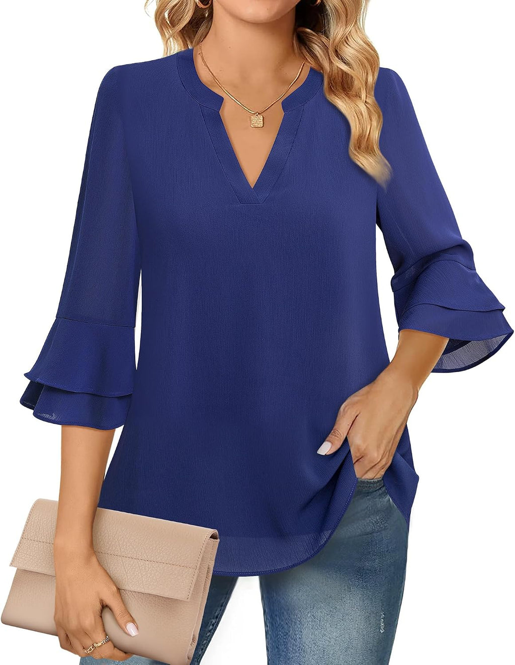 Blouse - 3/4 Sleeve Womens Tops - Blouses for Women Business Casual Professional Formal Tops Junior Job Interview Clothing Spring Peasant Funeral Attire