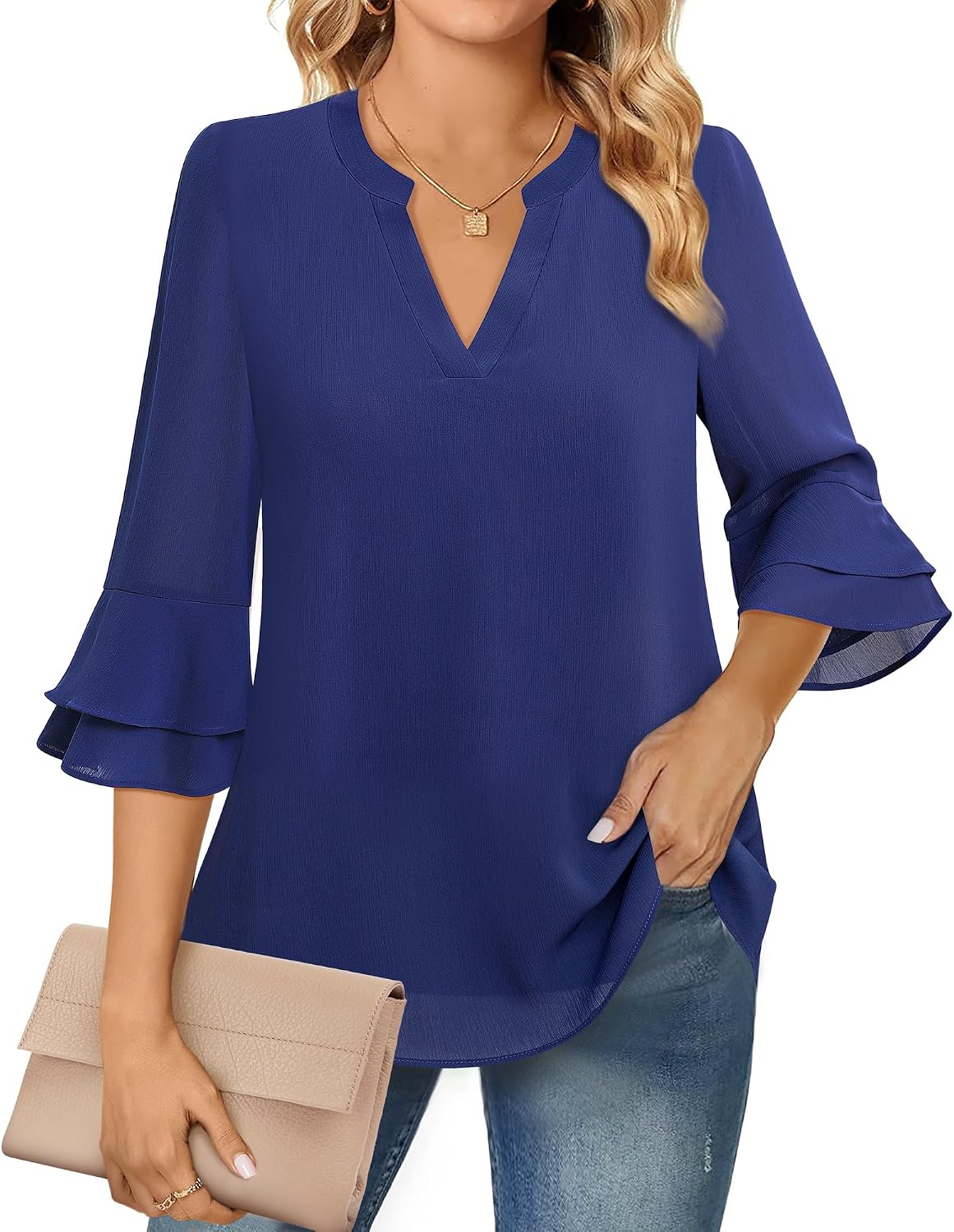 Blouse - 3/4 Sleeve Womens Tops - Blouses for Women Business Casual Professional Formal Tops Junior Job Interview Clothing Spring Peasant Funeral Attire