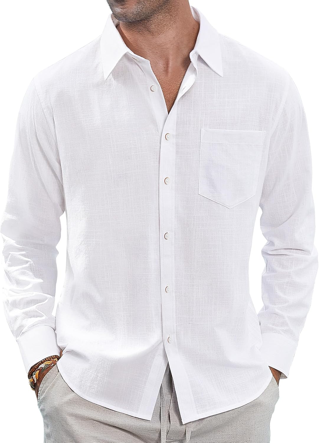 Men's Long-Sleeve Cotton-Linen Shirt – Casual Button-Down Shirt, Summer Beach Top (with Pocket)