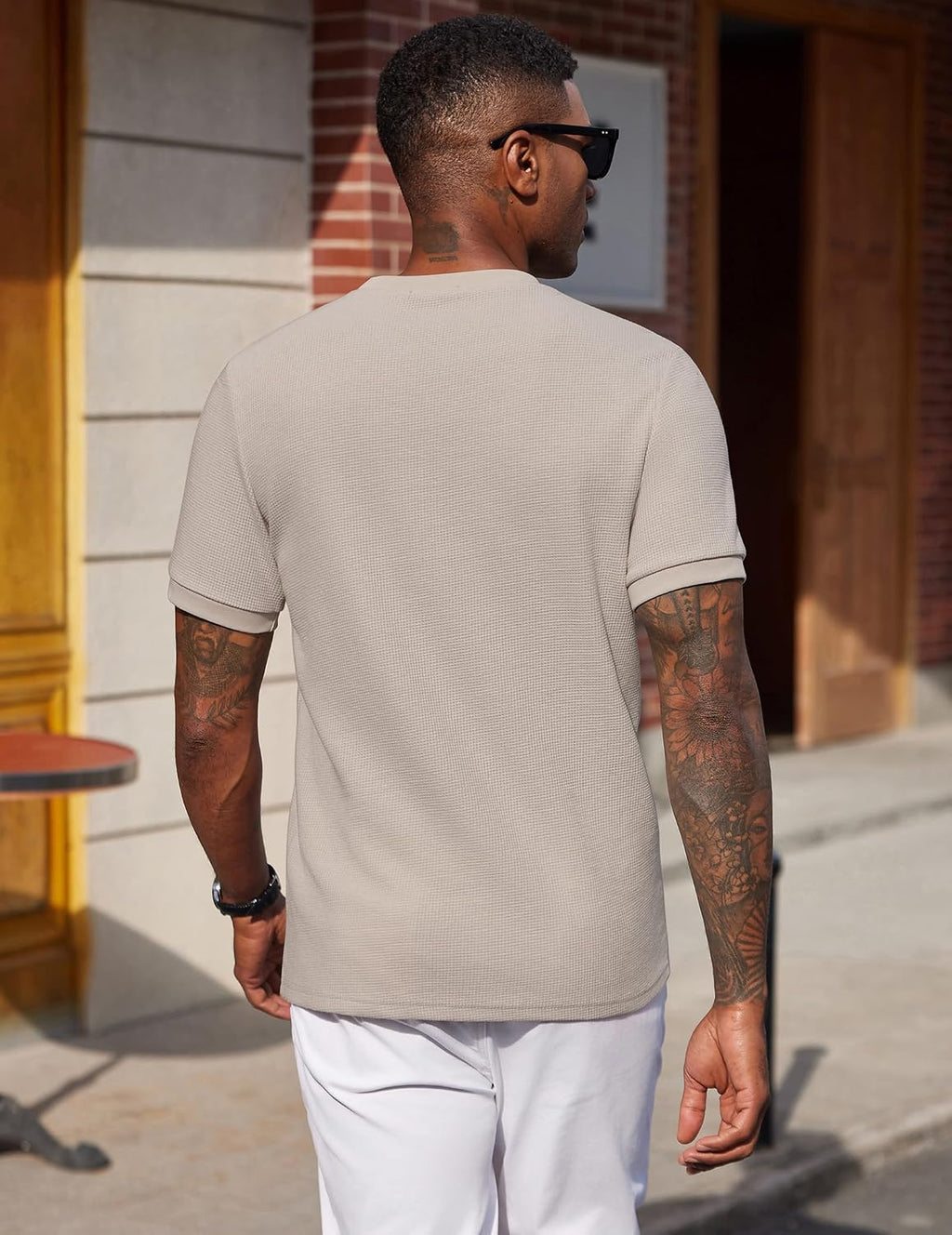 Mens Crewneck T-Shirts Short Sleeve Waffle Casual T Shirts Summer Plain Pullover Tees