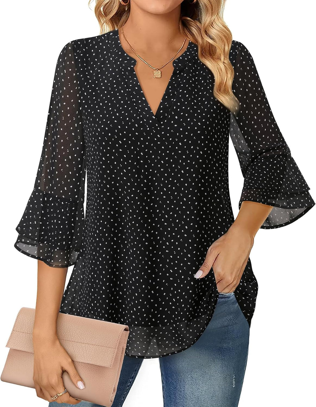 Blouse - 3/4 Sleeve Womens Tops - Blouses for Women Business Casual Professional Formal Tops Junior Job Interview Clothing Spring Peasant Funeral Attire