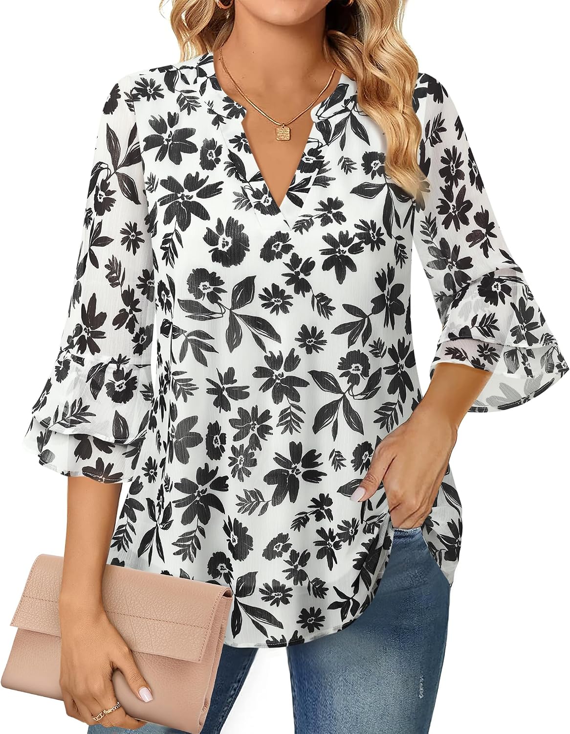 Blouse - 3/4 Sleeve Womens Tops - Blouses for Women Business Casual Professional Formal Tops Junior Job Interview Clothing Spring Peasant Funeral Attire