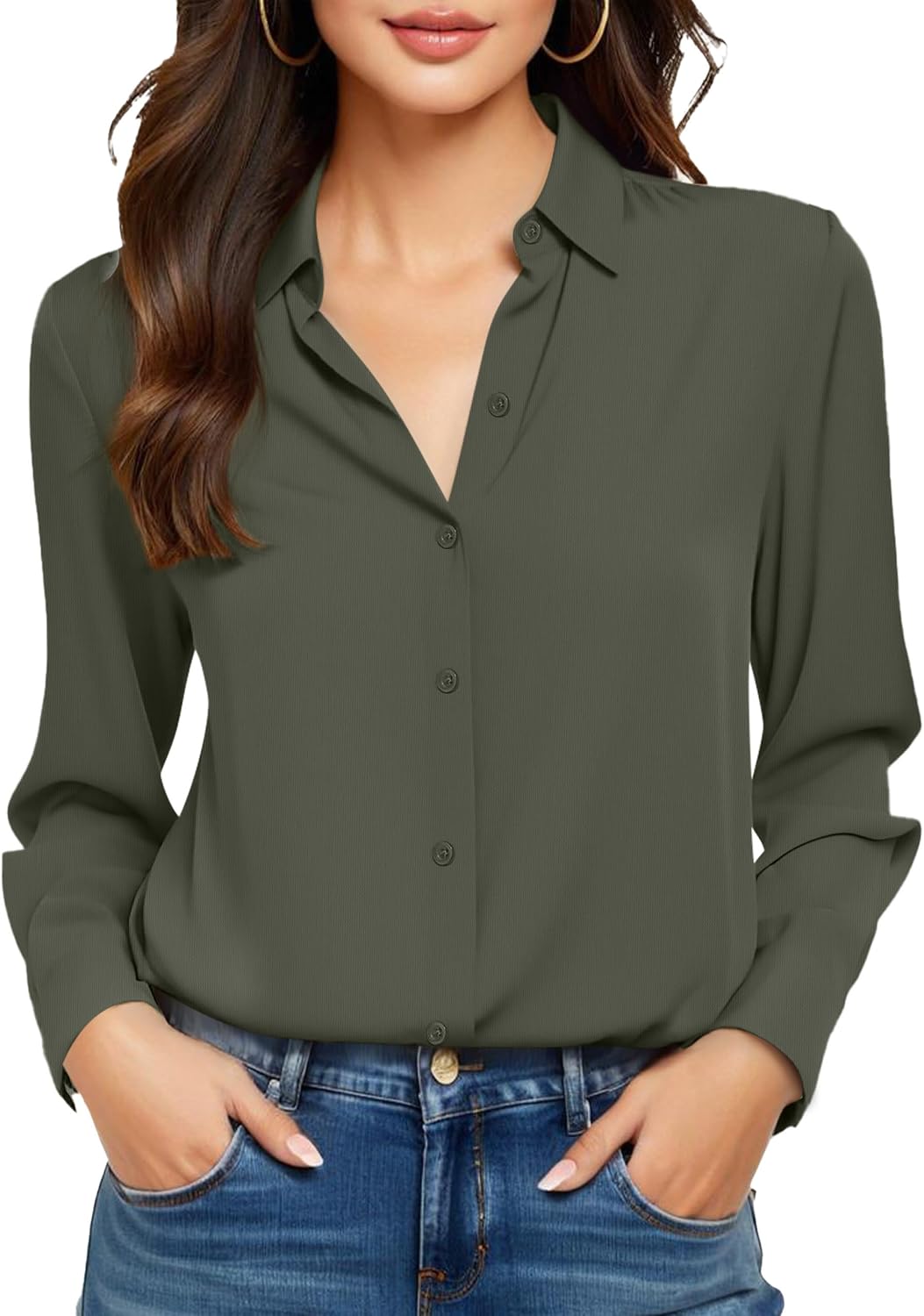 Beige Dress Shirts Women Womens Blouse Button Down Up Silk Shirt Long Sleeve Blouses Collared Slim Wrinkle Free Fit Formal Tops for Casual Work Business Tunic Work Top Cream Size XL