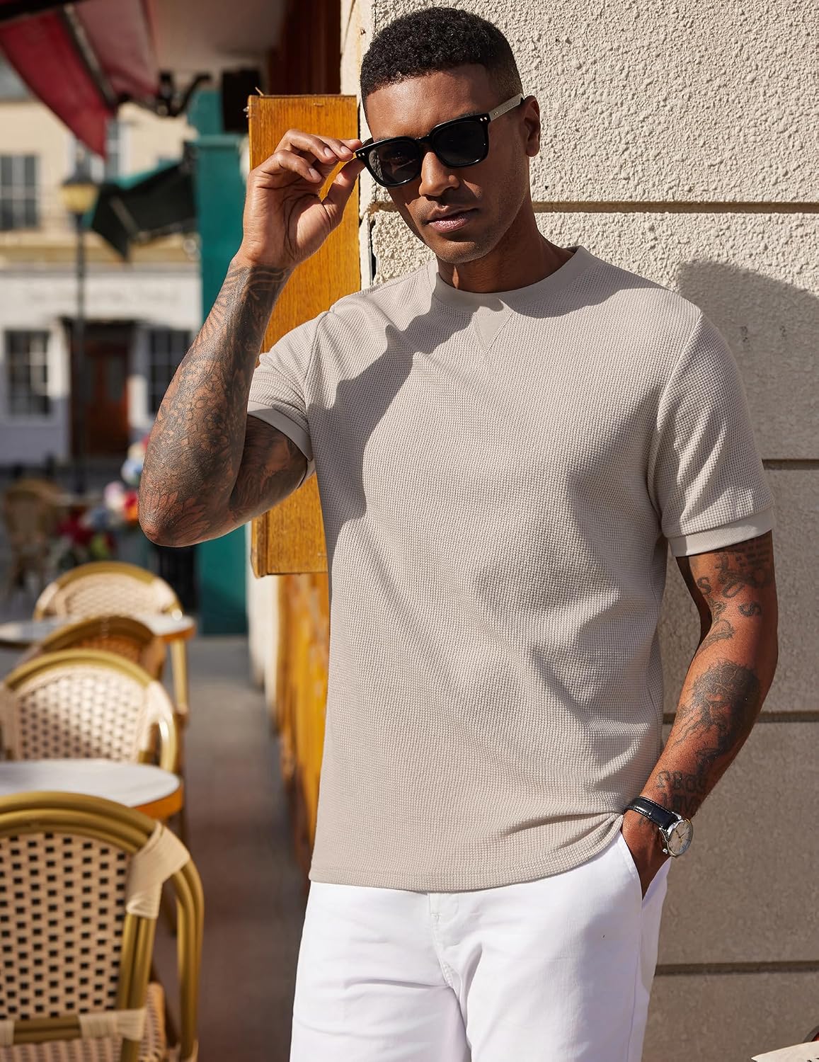 Mens Crewneck T-Shirts Short Sleeve Waffle Casual T Shirts Summer Plain Pullover Tees