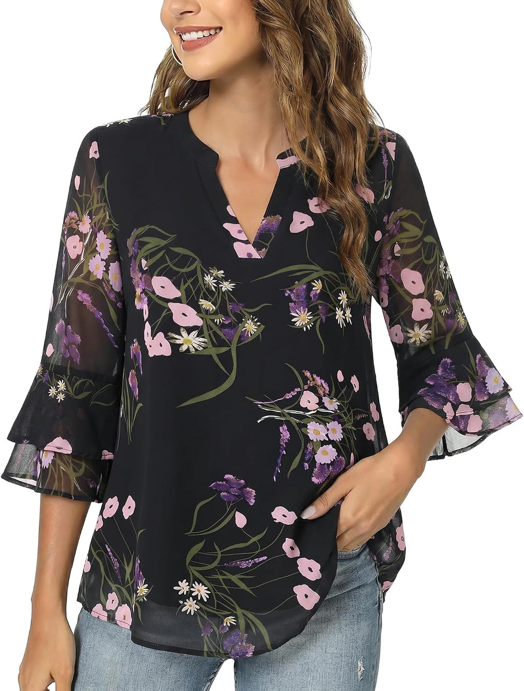 Blouse - 3/4 Sleeve Womens Tops - Blouses for Women Business Casual Professional Formal Tops Junior Job Interview Clothing Spring Peasant Funeral Attire