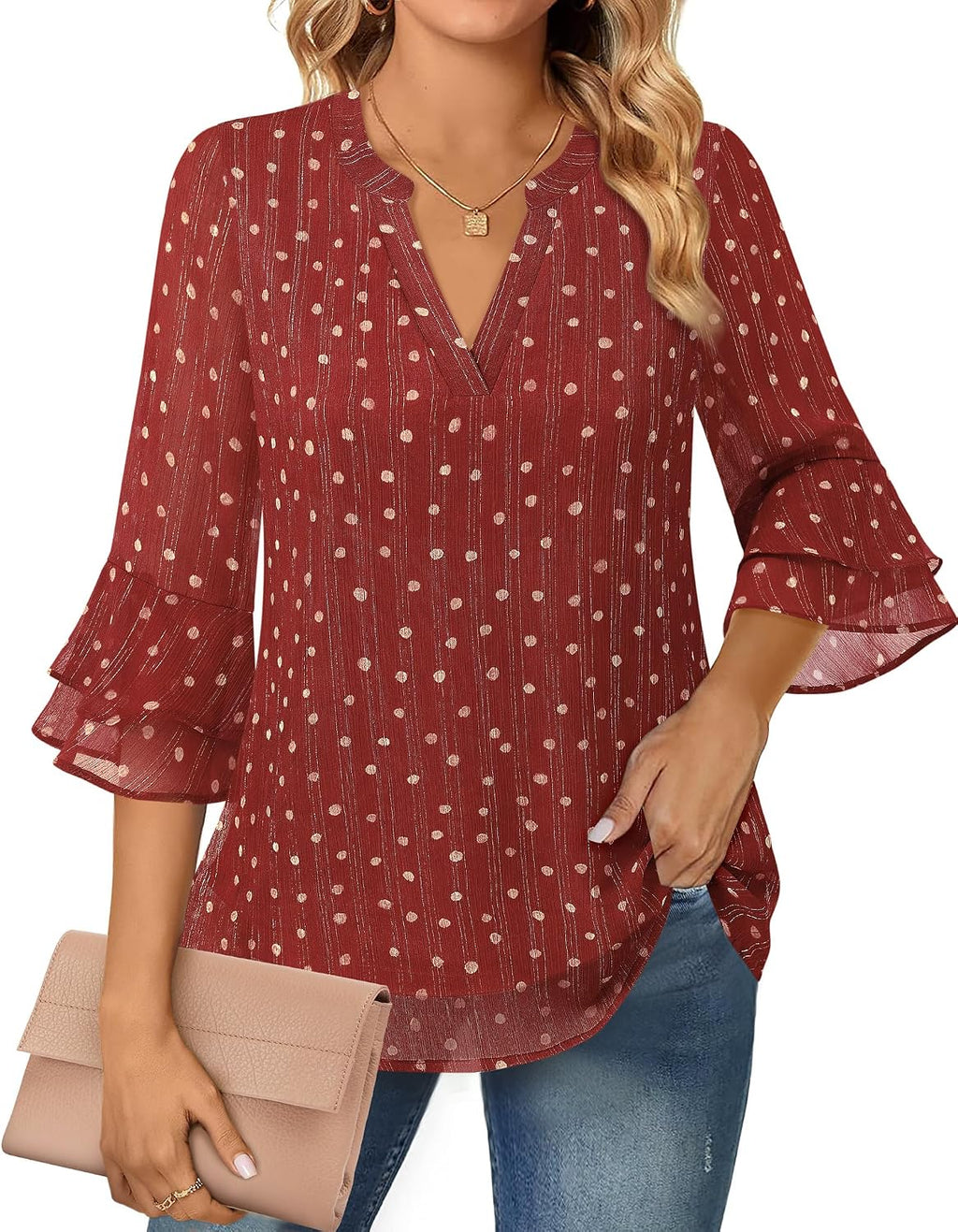 Blouse - 3/4 Sleeve Womens Tops - Blouses for Women Business Casual Professional Formal Tops Junior Job Interview Clothing Spring Peasant Funeral Attire