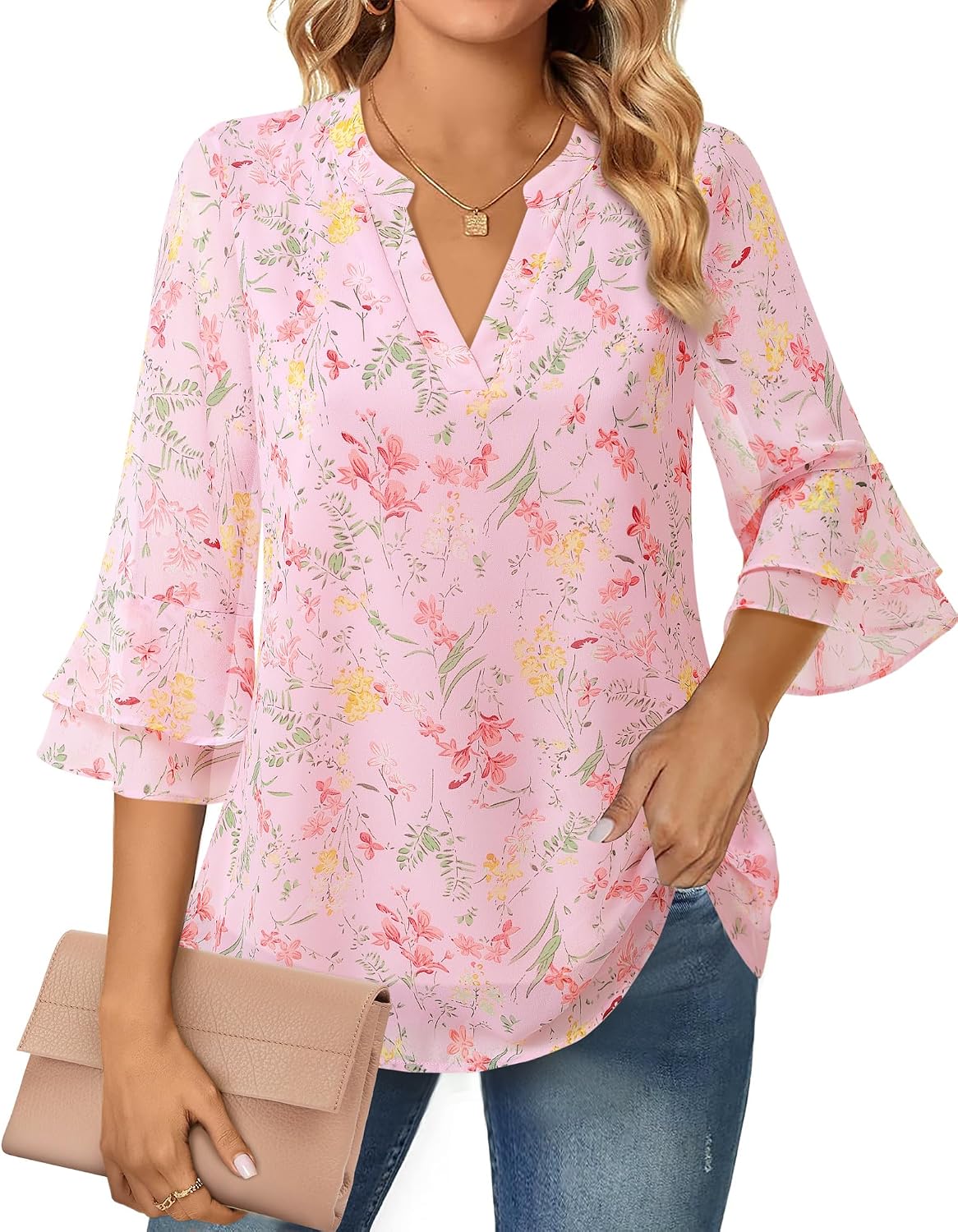 Blouse - 3/4 Sleeve Womens Tops - Blouses for Women Business Casual Professional Formal Tops Junior Job Interview Clothing Spring Peasant Funeral Attire