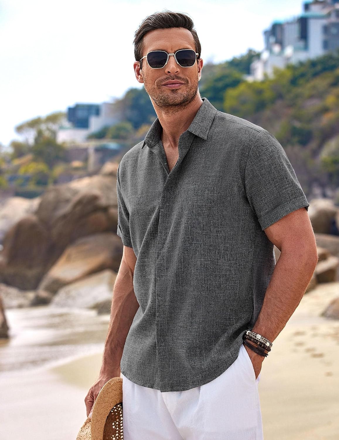 Men's Linen Wedding Shirt – Short-Sleeve, Button-Down, Casual Style, Loose Fit