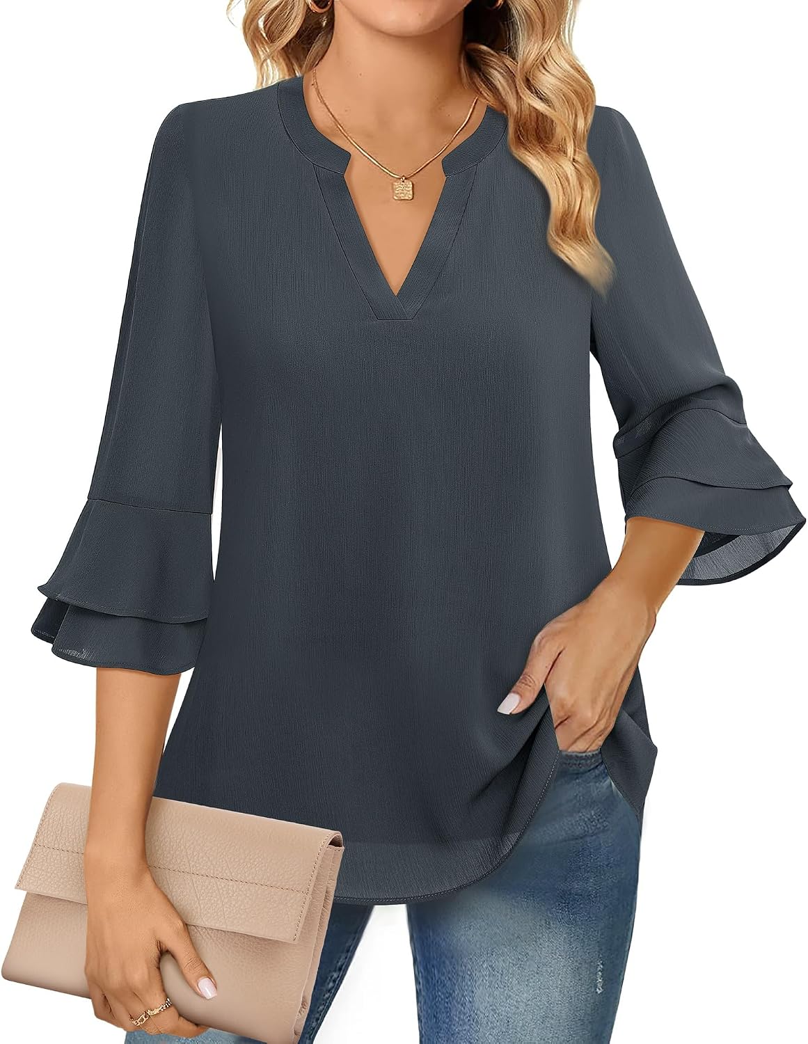 Blouse - 3/4 Sleeve Womens Tops - Blouses for Women Business Casual Professional Formal Tops Junior Job Interview Clothing Spring Peasant Funeral Attire