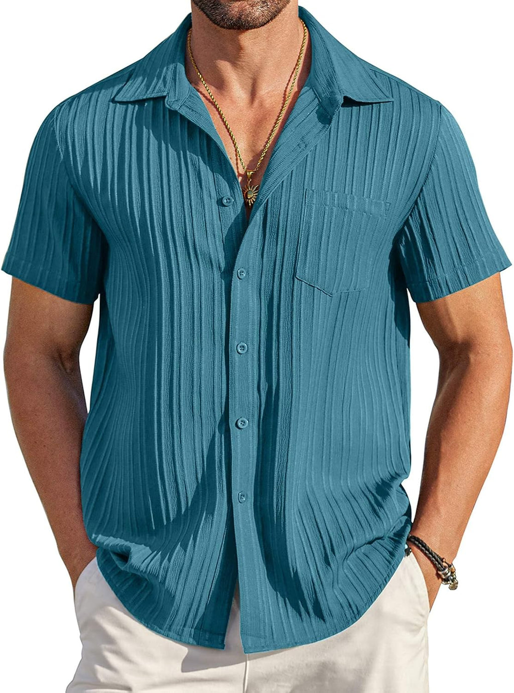 Men's Summer Short-Sleeve Linen Shirt – Stylish Casual Beach Shirt with Button-Down Collar
