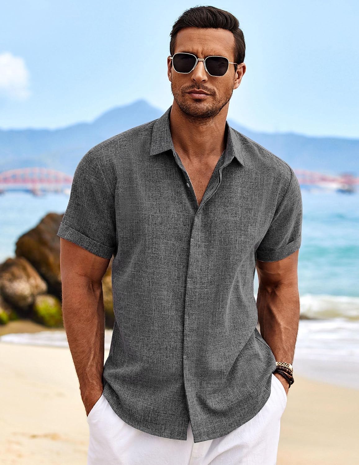 Men's Linen Wedding Shirt – Short-Sleeve, Button-Down, Casual Style, Loose Fit