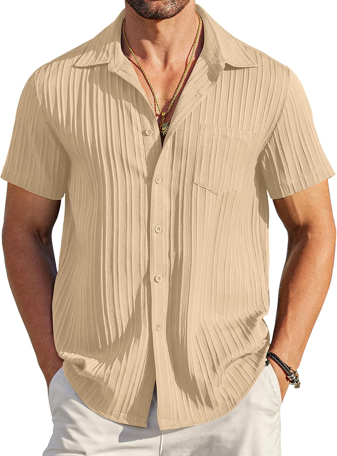 Men's Summer Short-Sleeve Linen Shirt – Stylish Casual Beach Shirt with Button-Down Collar