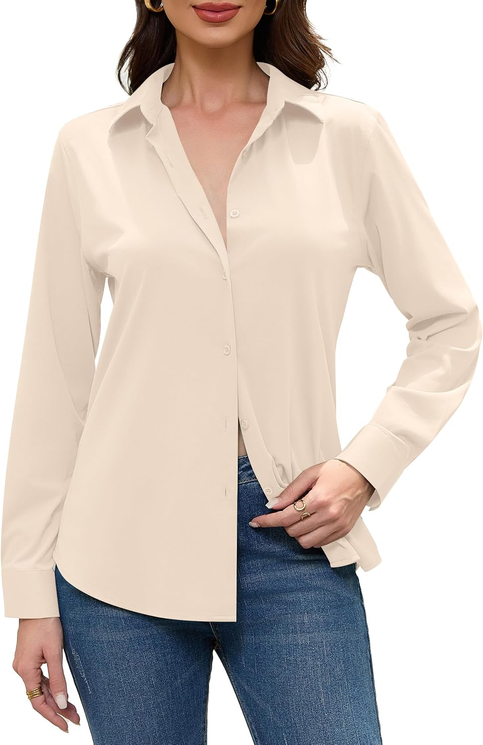 Beige Dress Shirts Women Womens Blouse Button Down Up Silk Shirt Long Sleeve Blouses Collared Slim Wrinkle Free Fit Formal Tops for Casual Work Business Tunic Work Top Cream Size XL