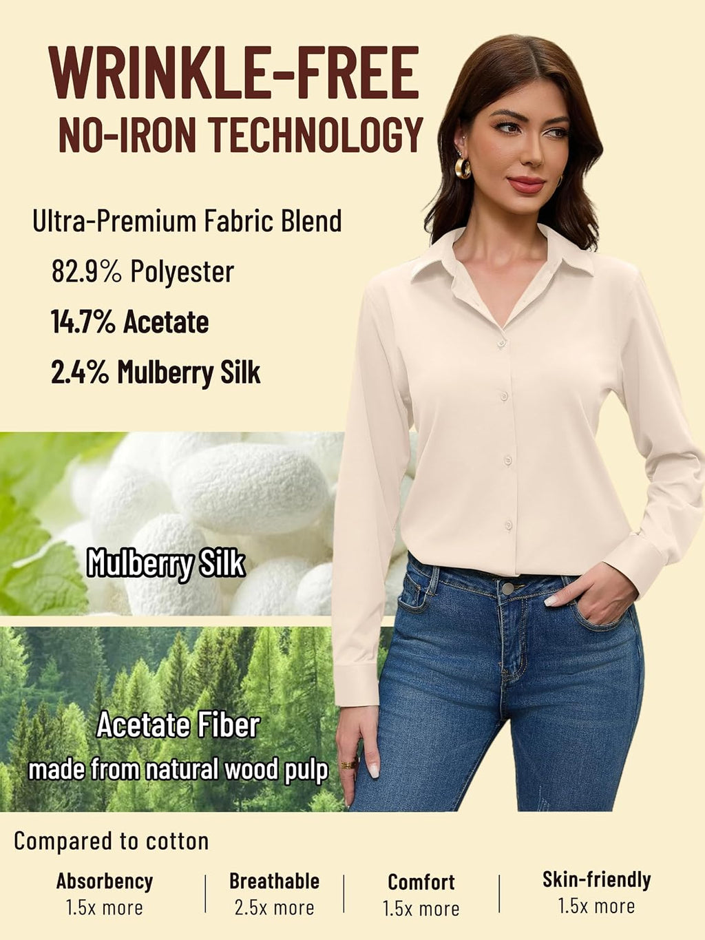 Beige Dress Shirts Women Womens Blouse Button Down Up Silk Shirt Long Sleeve Blouses Collared Slim Wrinkle Free Fit Formal Tops for Casual Work Business Tunic Work Top Cream Size XL