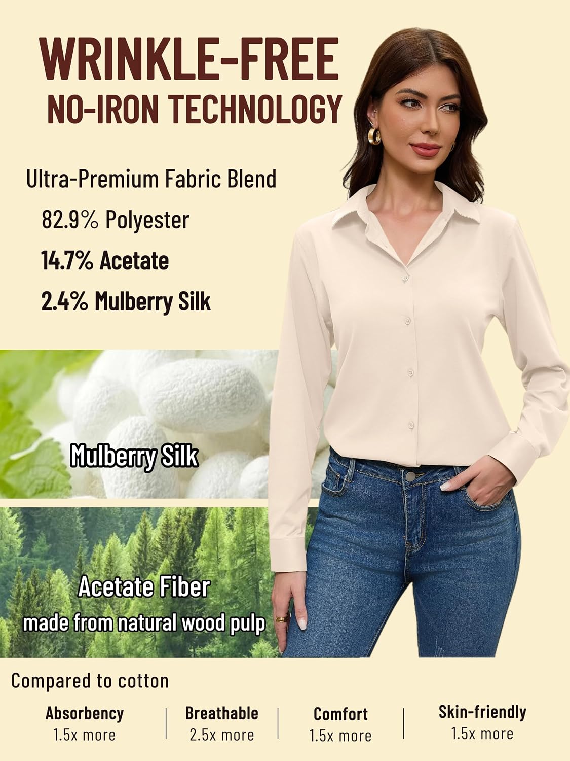 Beige Dress Shirts Women Womens Blouse Button Down Up Silk Shirt Long Sleeve Blouses Collared Slim Wrinkle Free Fit Formal Tops for Casual Work Business Tunic Work Top Cream Size XL