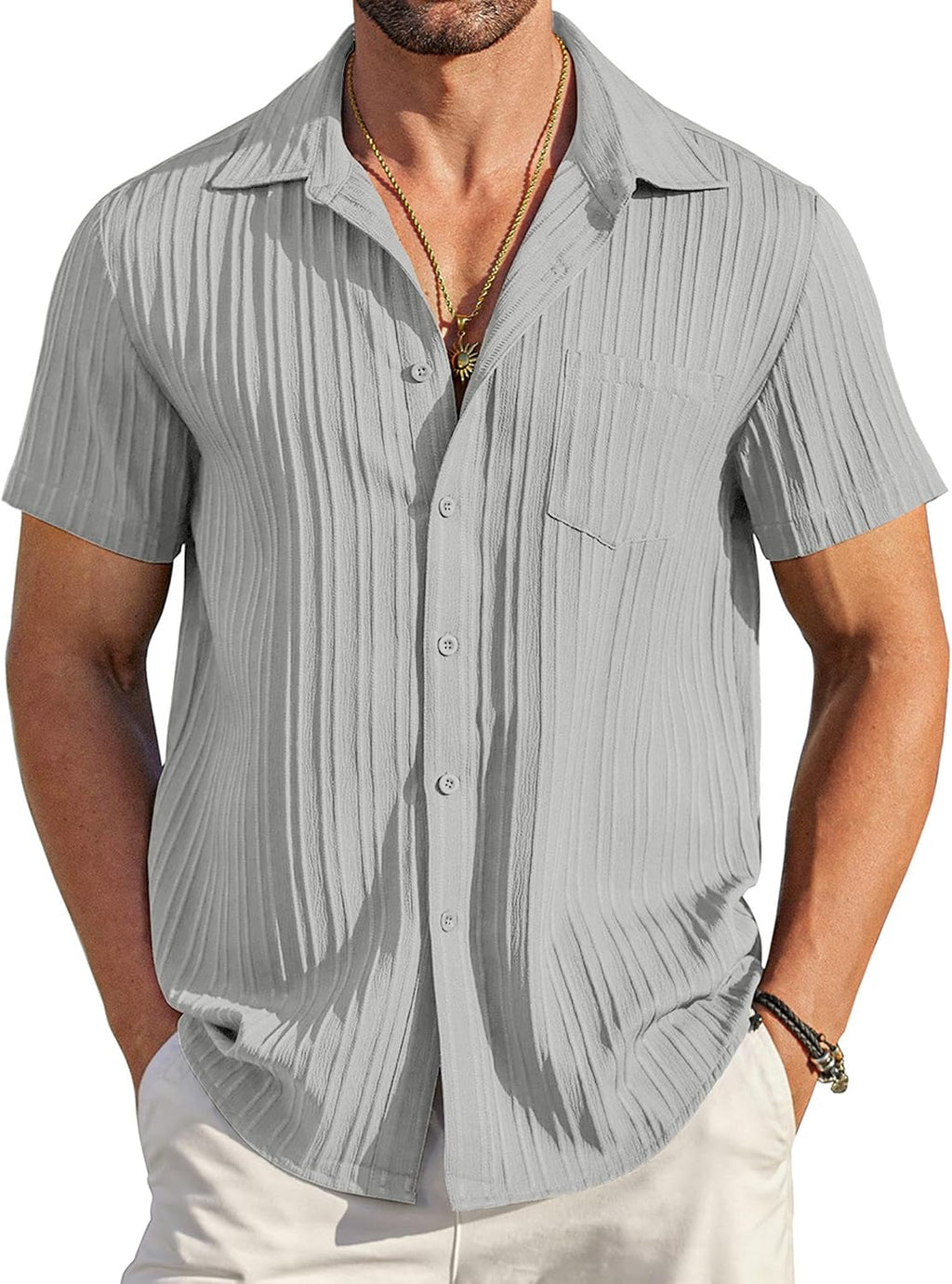 Men's Summer Short-Sleeve Linen Shirt – Stylish Casual Beach Shirt with Button-Down Collar