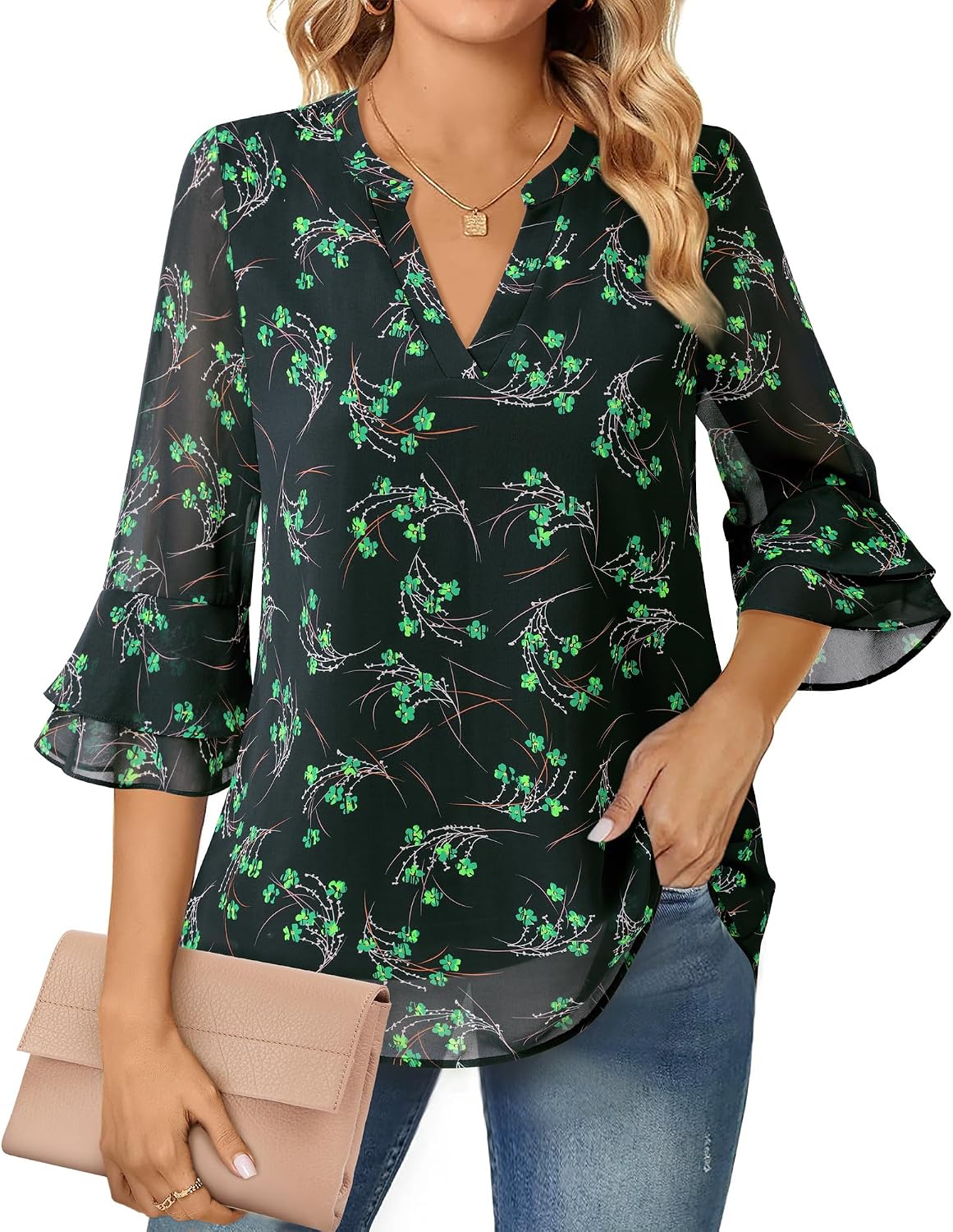 Blouse - 3/4 Sleeve Womens Tops - Blouses for Women Business Casual Professional Formal Tops Junior Job Interview Clothing Spring Peasant Funeral Attire