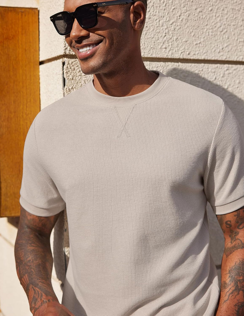 Mens Crewneck T-Shirts Short Sleeve Waffle Casual T Shirts Summer Plain Pullover Tees