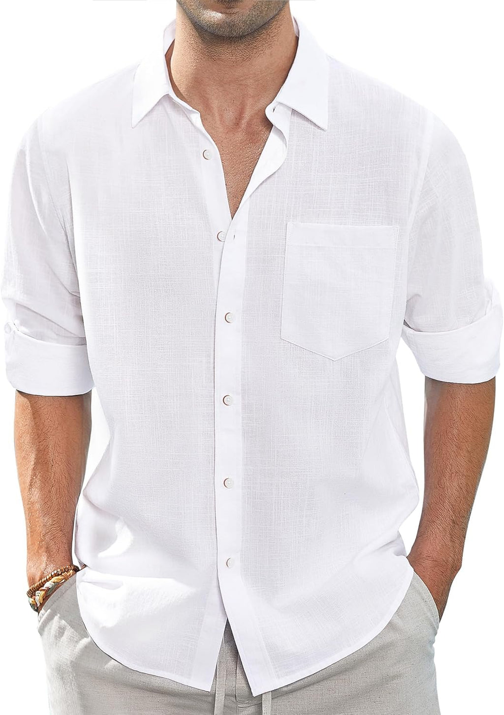 Men's Long-Sleeve Cotton-Linen Shirt – Casual Button-Down Shirt, Summer Beach Top (with Pocket)