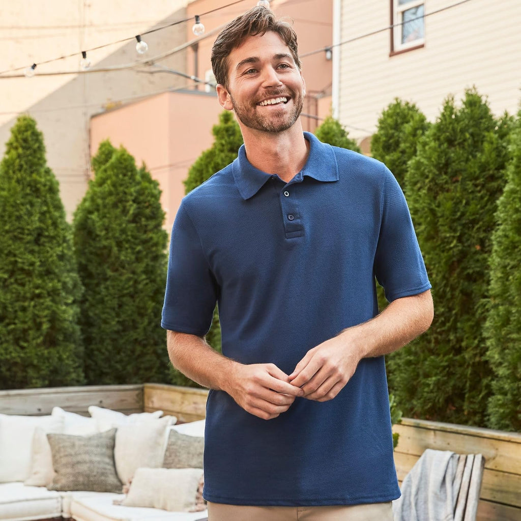 Men's Short-Sleeve Piqué Polo Shirt, 3-button design, medium weight.