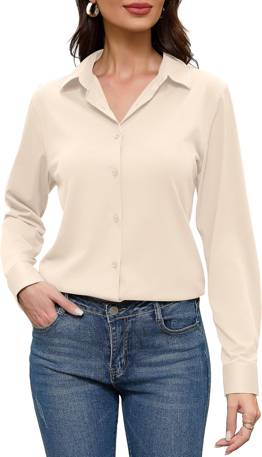 Beige Dress Shirts Women Womens Blouse Button Down Up Silk Shirt Long Sleeve Blouses Collared Slim Wrinkle Free Fit Formal Tops for Casual Work Business Tunic Work Top Cream Size XL